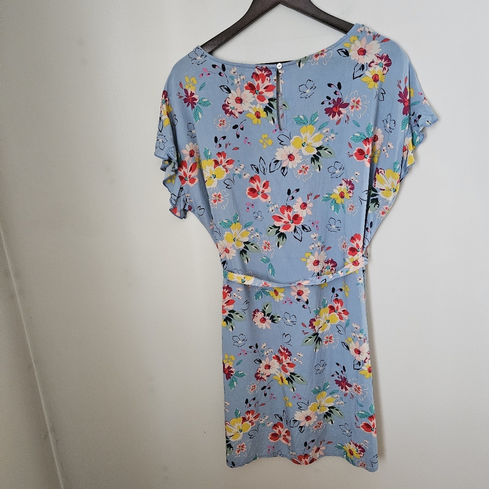 beachlunchlounge Floral Blue Shift Dress Belt Mini Short Sleeve Casual Large - Picture 6 of 13